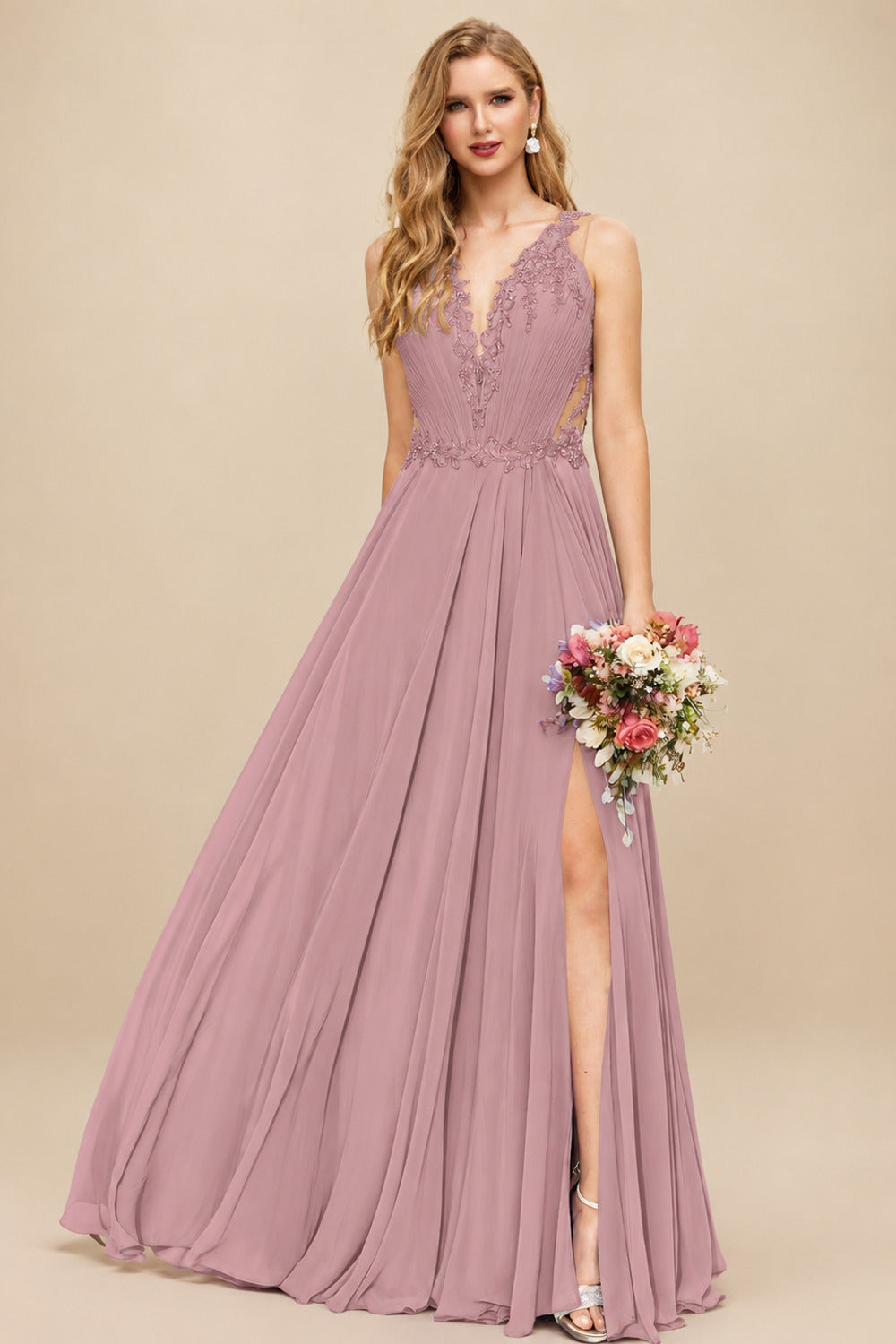 Rutipo Dusty Rose A-Line V-Neck Sleeveless Chiffon Bridesmaid Dresses With Lace/High Split