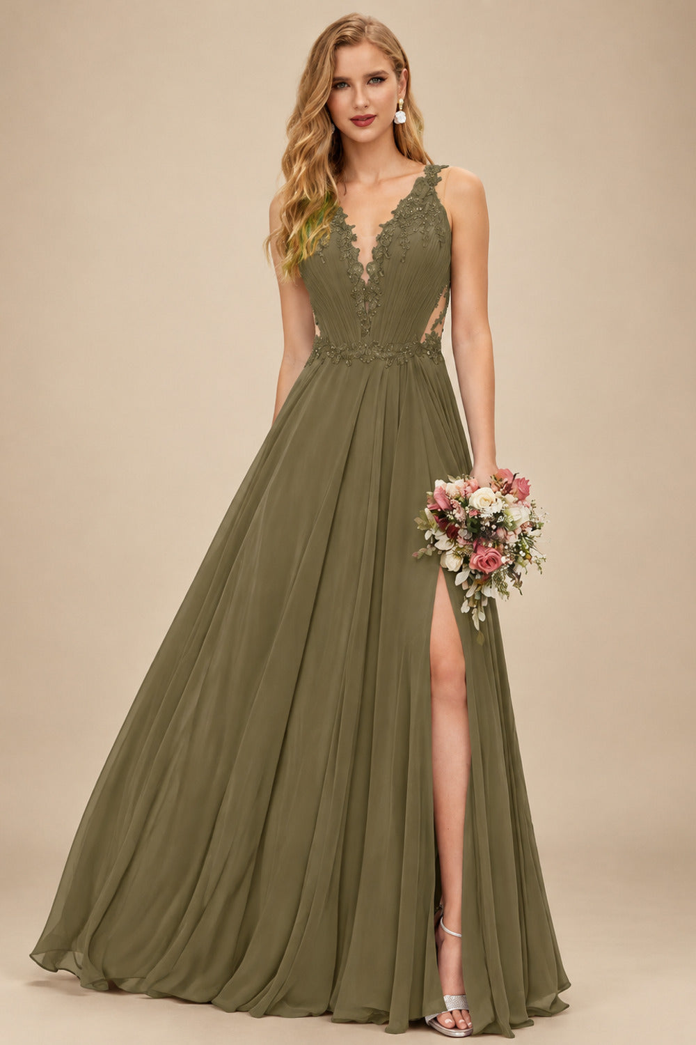 Rutipo Olive Green A-Line V-Neck Sleeveless Chiffon Bridesmaid Dresses With Lace/High Split