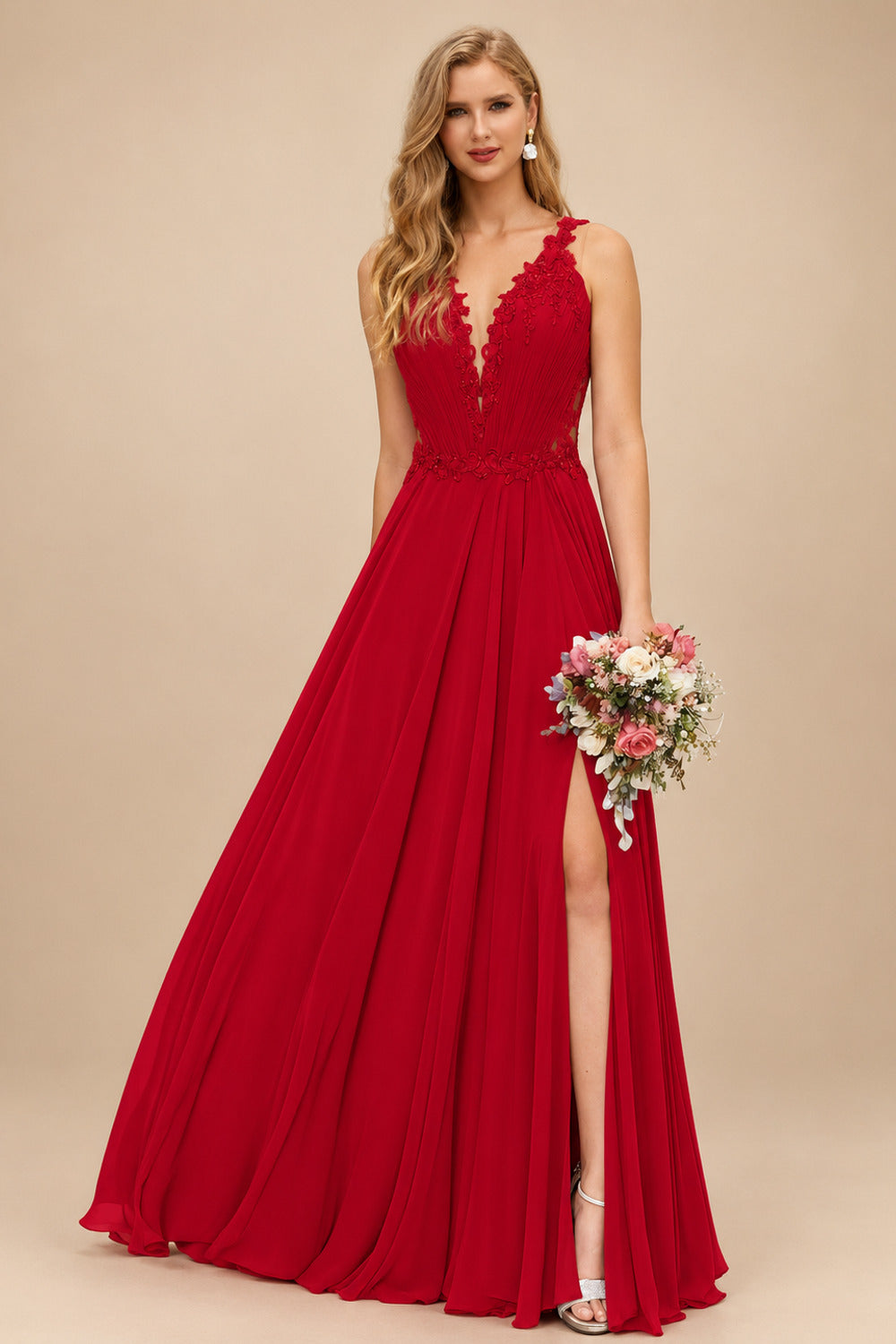 Rutipo Red A-Line V-Neck Sleeveless Chiffon Bridesmaid Dresses With Lace/High Split