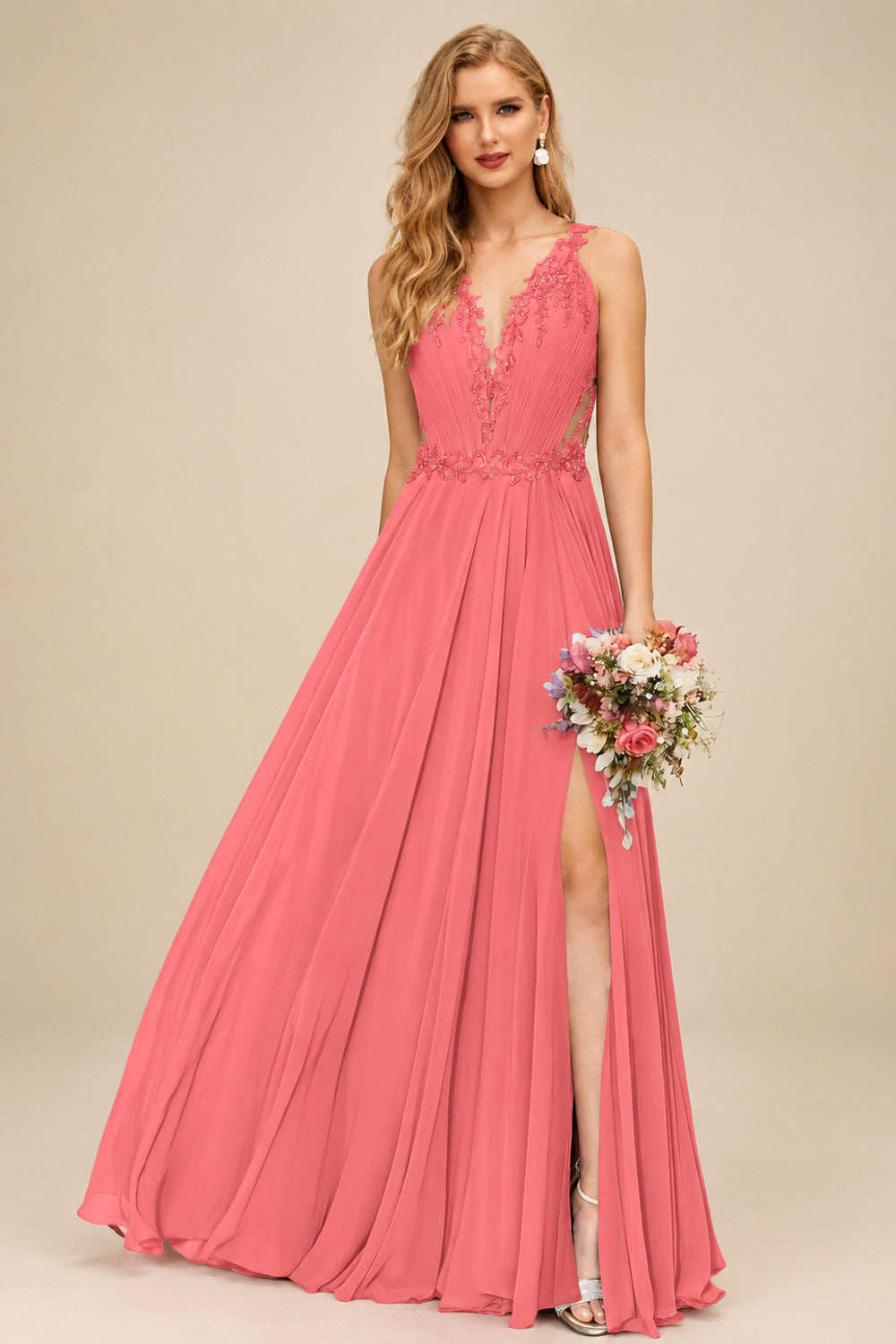 Rutipo Watermelon A-Line V-Neck Sleeveless Chiffon Bridesmaid Dresses With Lace/High Split
