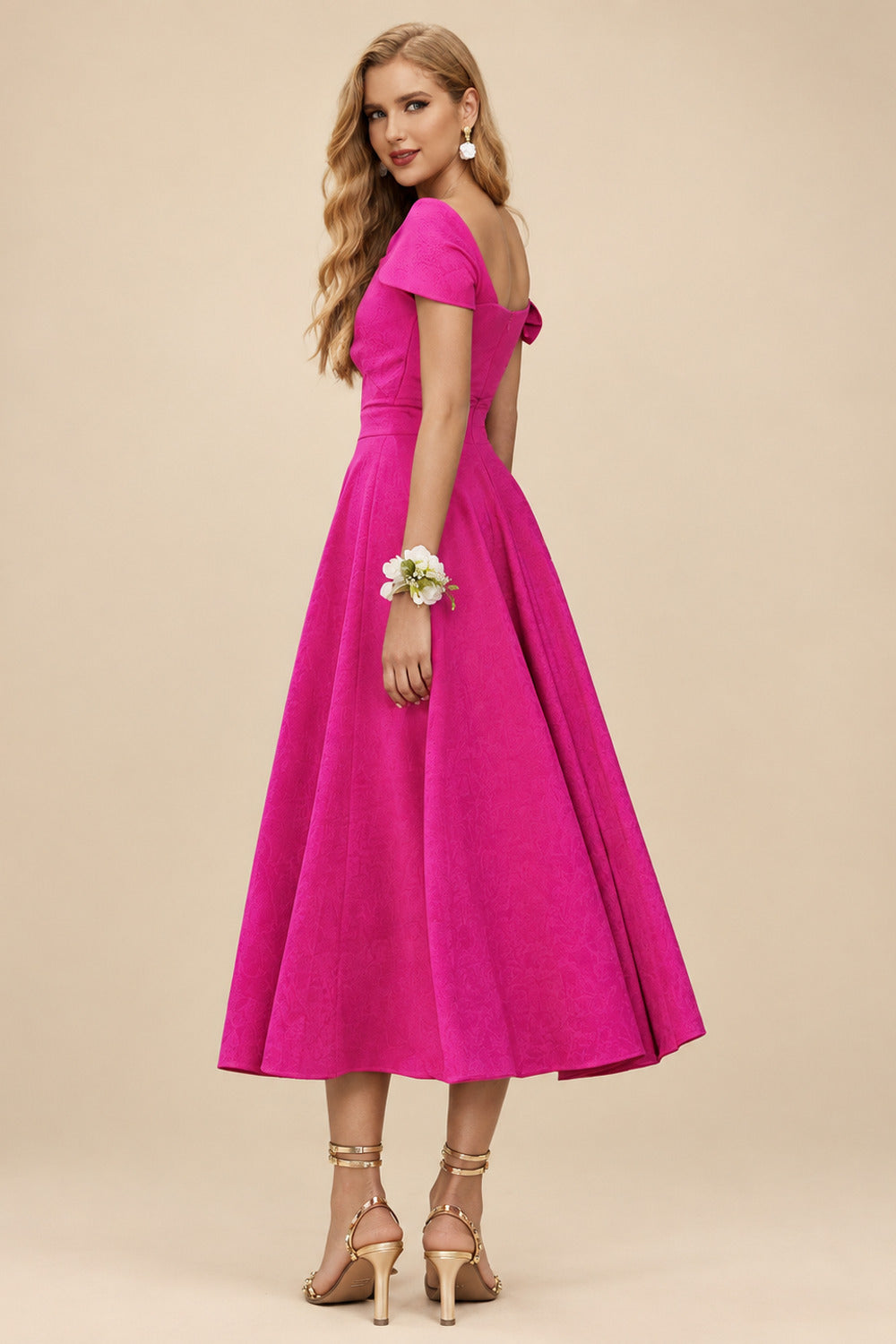 Rutipo As Picture A-Line Off-The-Shoulder Short Sleeves Tea-Length Elastic Satin Bridesmaid Dresses