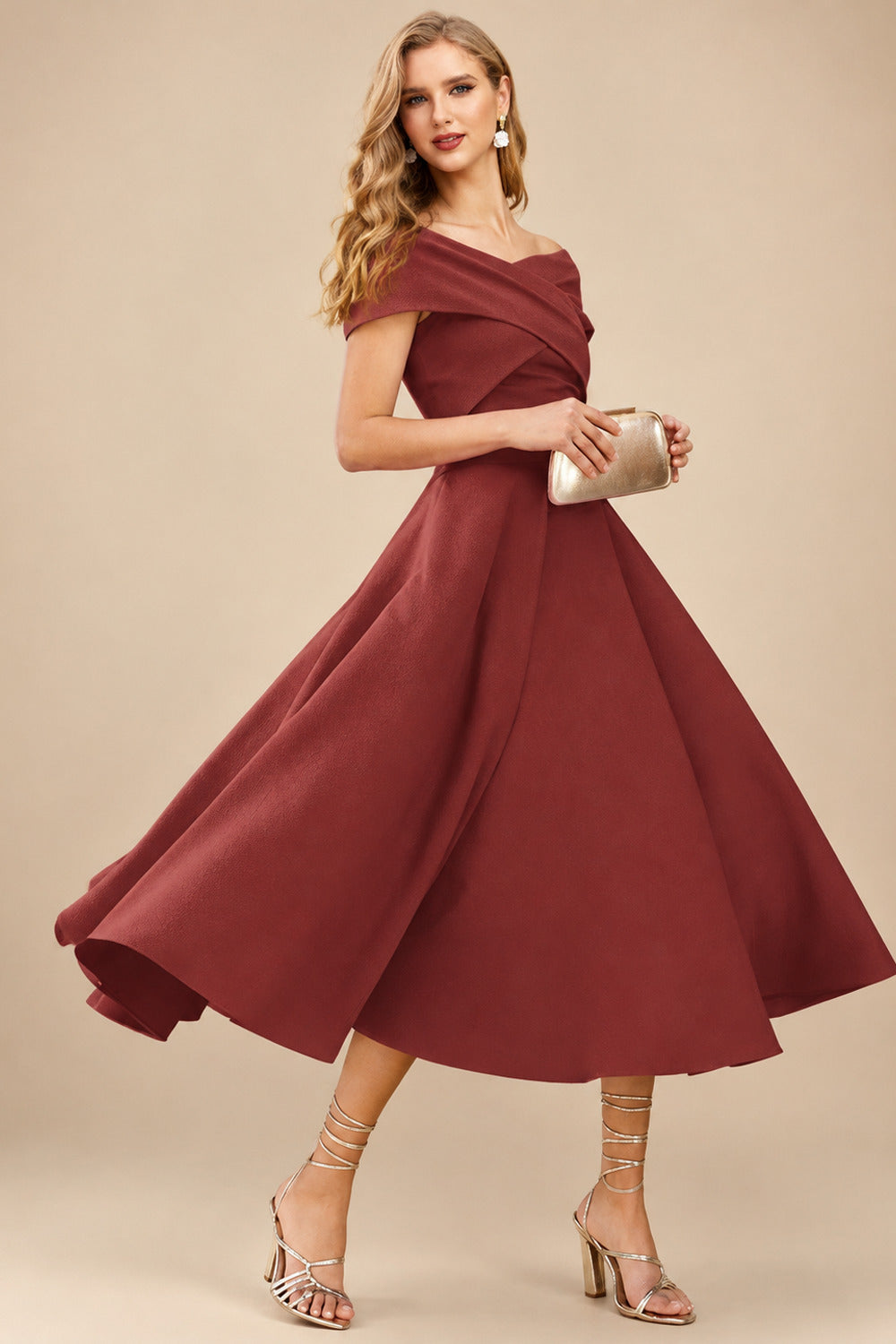 Rutipo Vermilion A-Line Off-The-Shoulder Short Sleeves Tea-Length Elastic Satin Bridesmaid Dresses