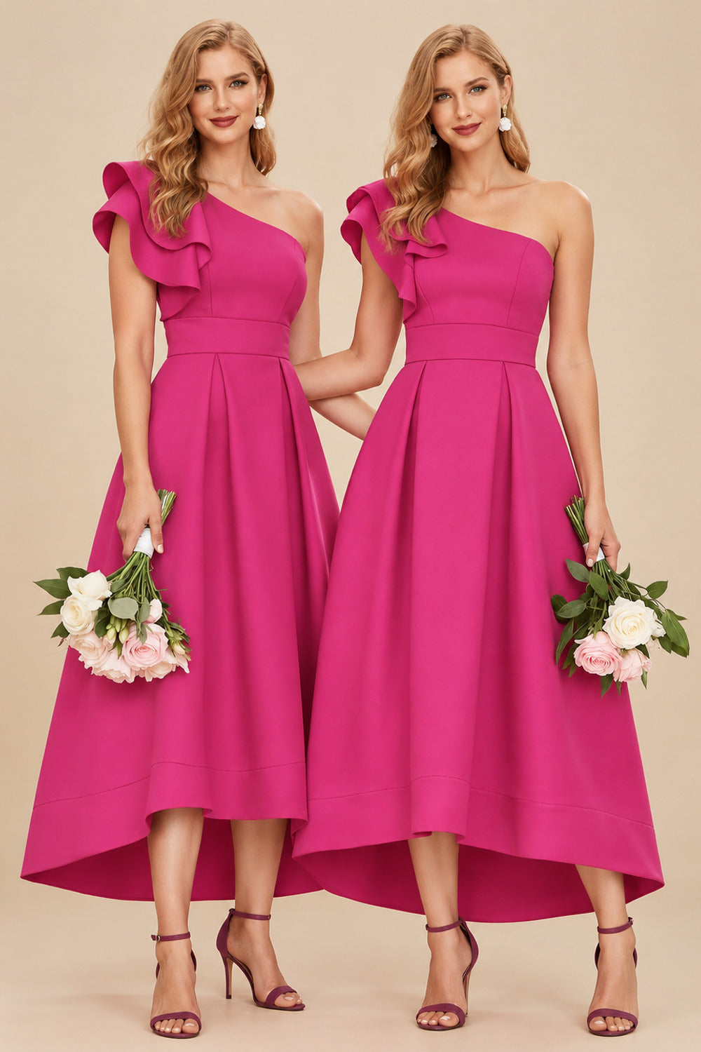 Rutipo As Picture A-Line One-Shoulder Sleeveless Asymmetrical Satin Bridesmaid Dresses With Pockets