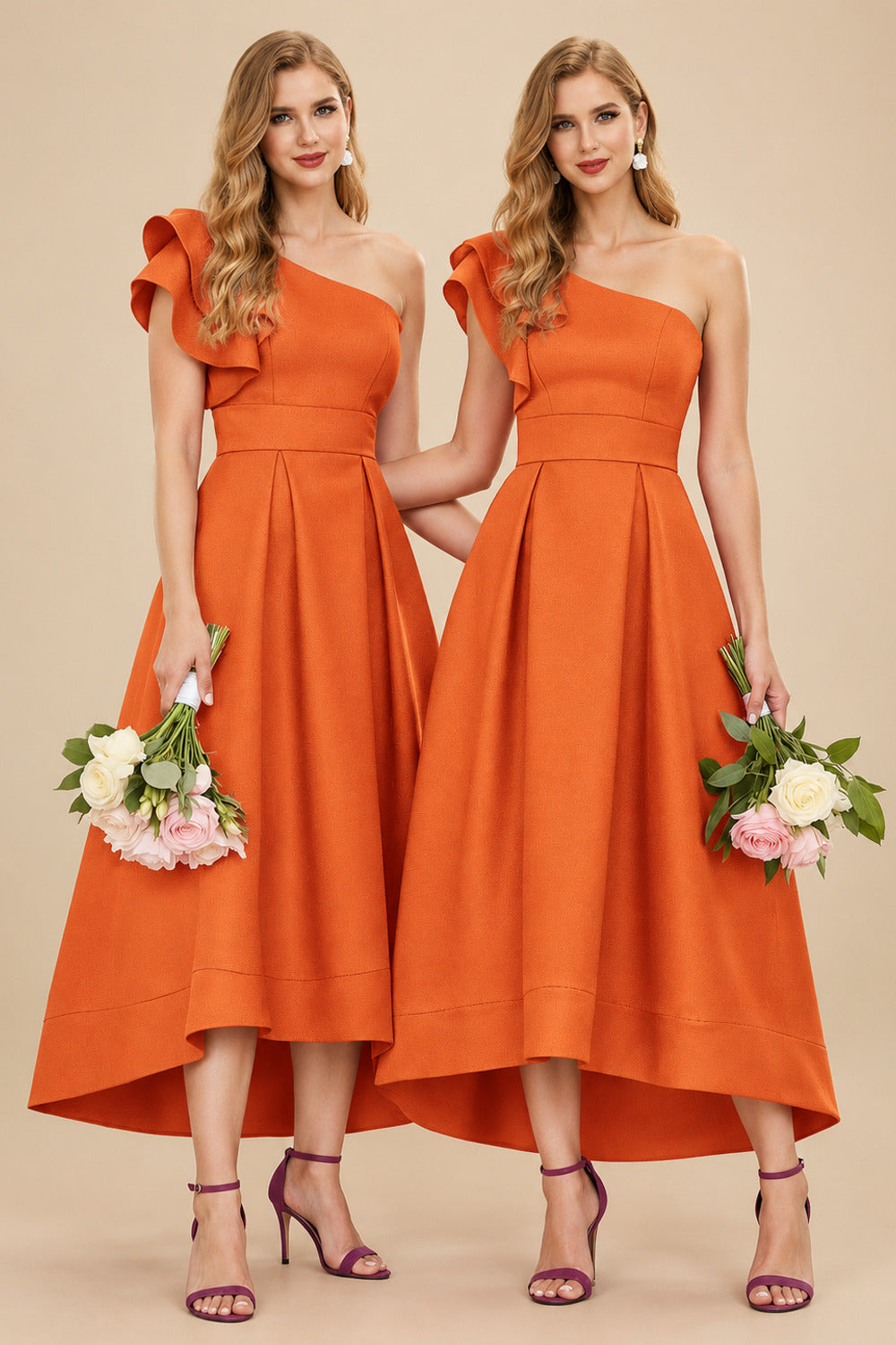 Rutipo Burnt Orange A-Line One-Shoulder Sleeveless Asymmetrical Satin Bridesmaid Dresses With Pockets