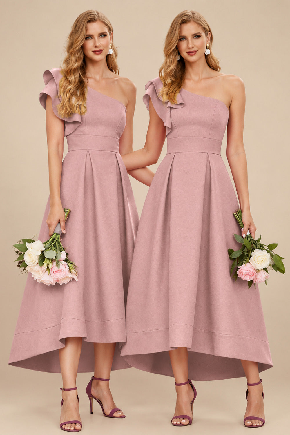Rutipo Dusty Rose A-Line One-Shoulder Sleeveless Asymmetrical Satin Bridesmaid Dresses With Pockets