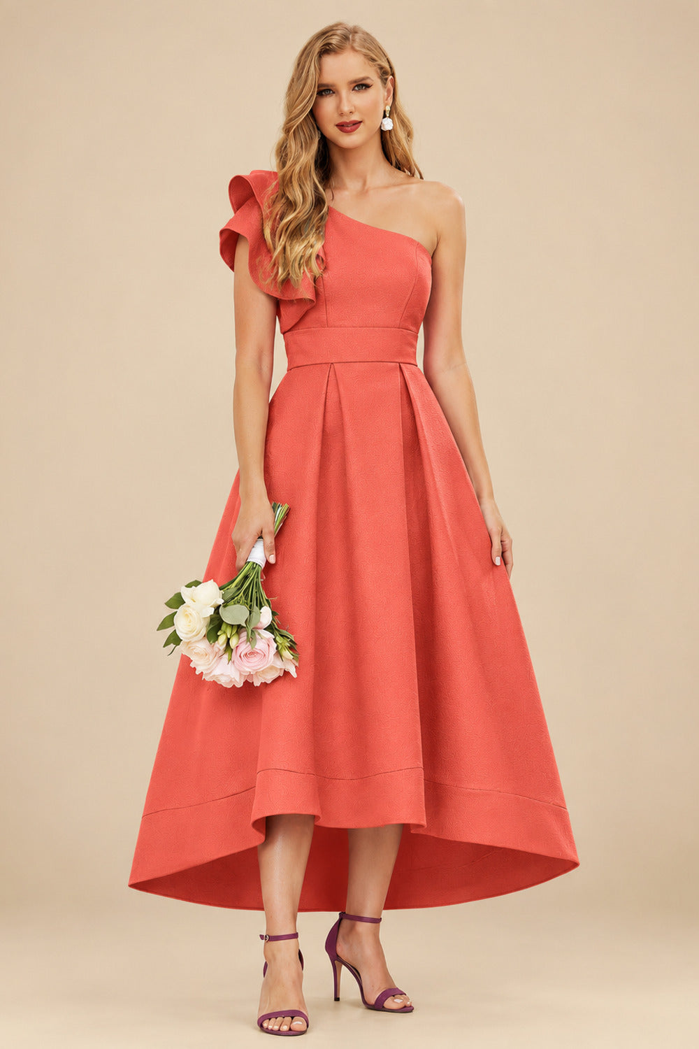 Rutipo Papaya A-Line One-Shoulder Sleeveless Asymmetrical Satin Bridesmaid Dresses With Pockets
