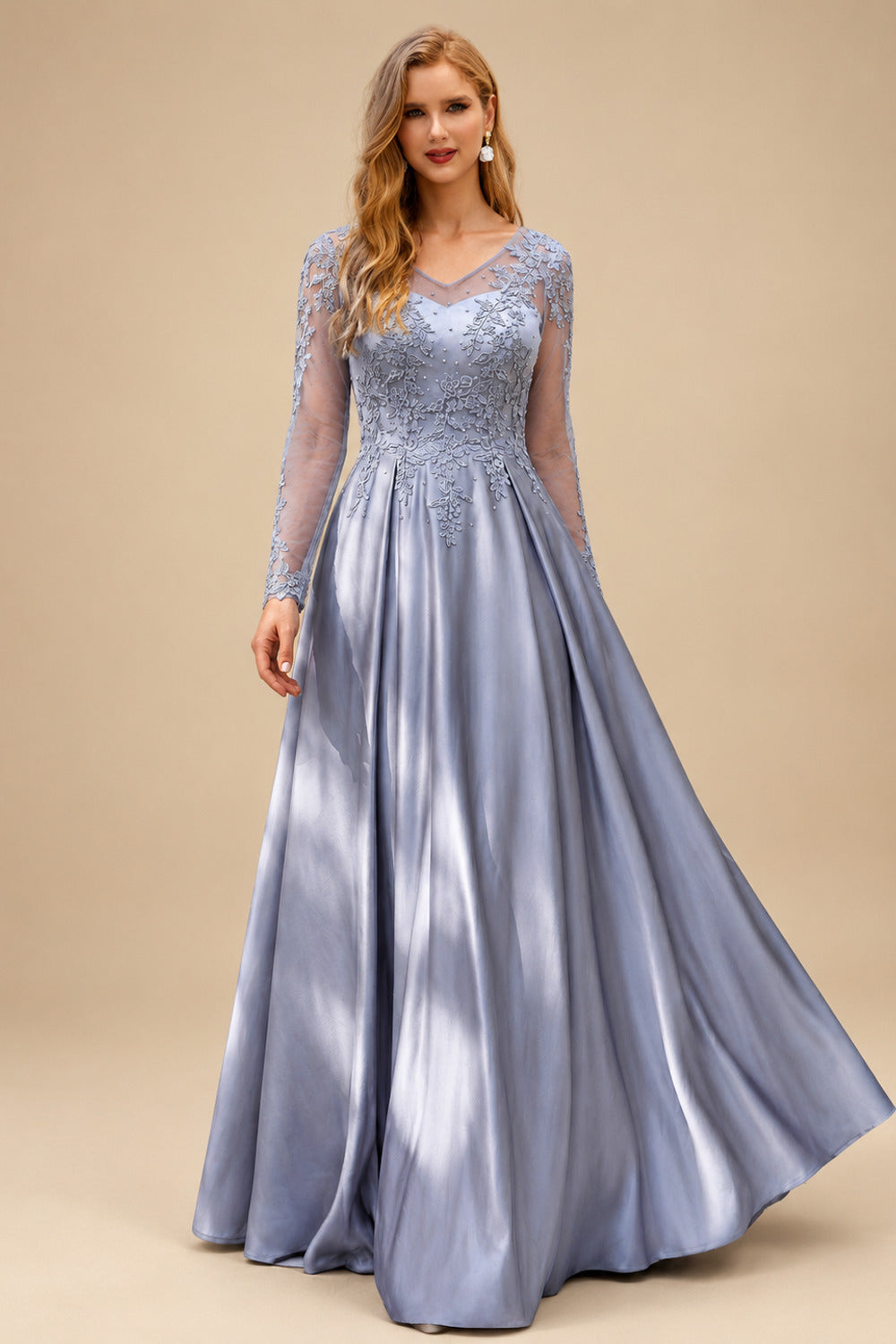 Rutipo As Picture Ball-Gown V-Neck Satin Lace Floor-Length Evening Dresses With Appliques Lace Beading