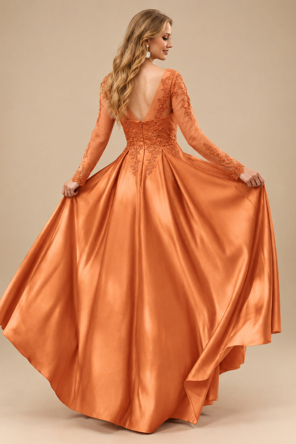 Rutipo Orange Ball-Gown V-Neck Satin Lace Floor-Length Evening Dresses With Appliques Lace Beading