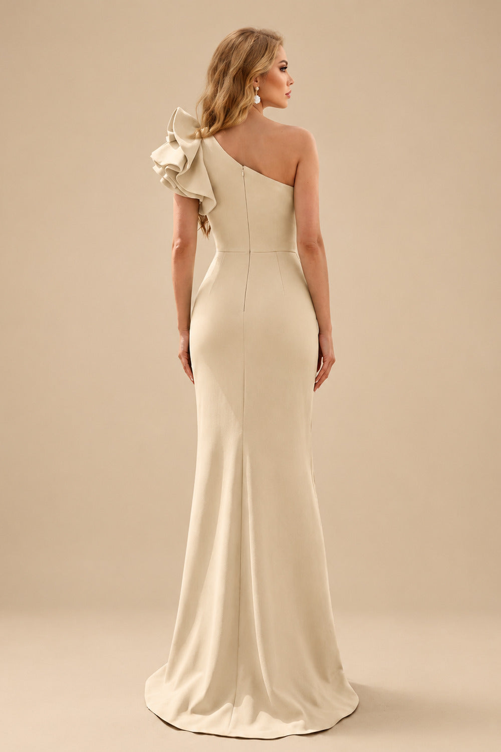 Rutipo Champagne One-Shoulder A-Line Ruffle Evening Dresses With Elastic Satin