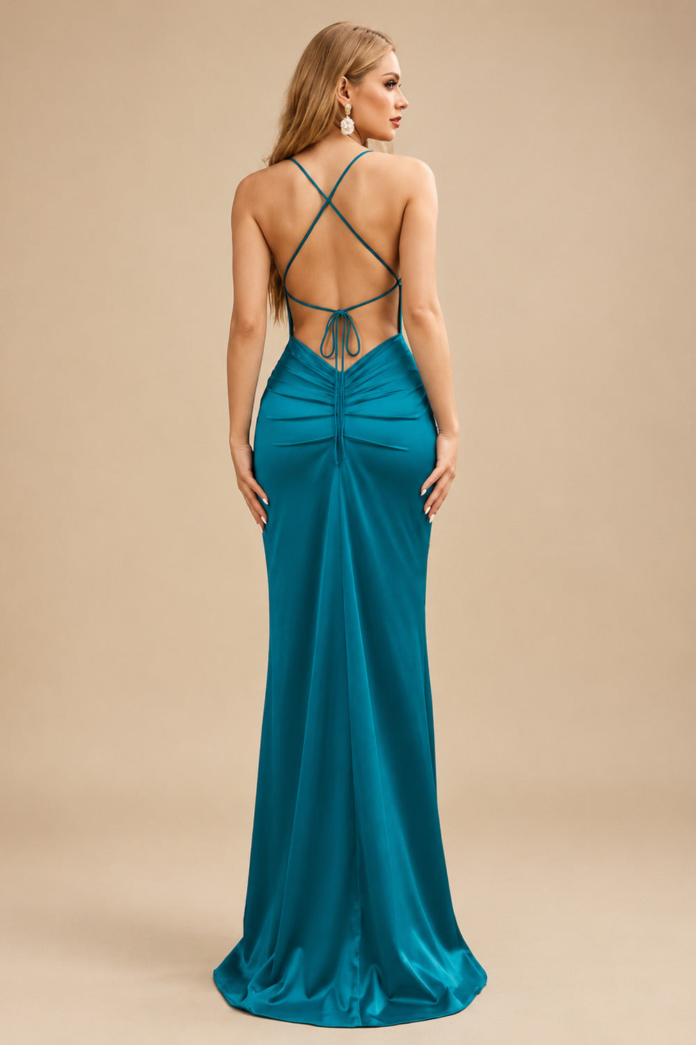 Rutipo Teal Sheath/Column Cowl Neck Sleeveless Floor-Length Silk Like Satin Evening Dresses With Split Front