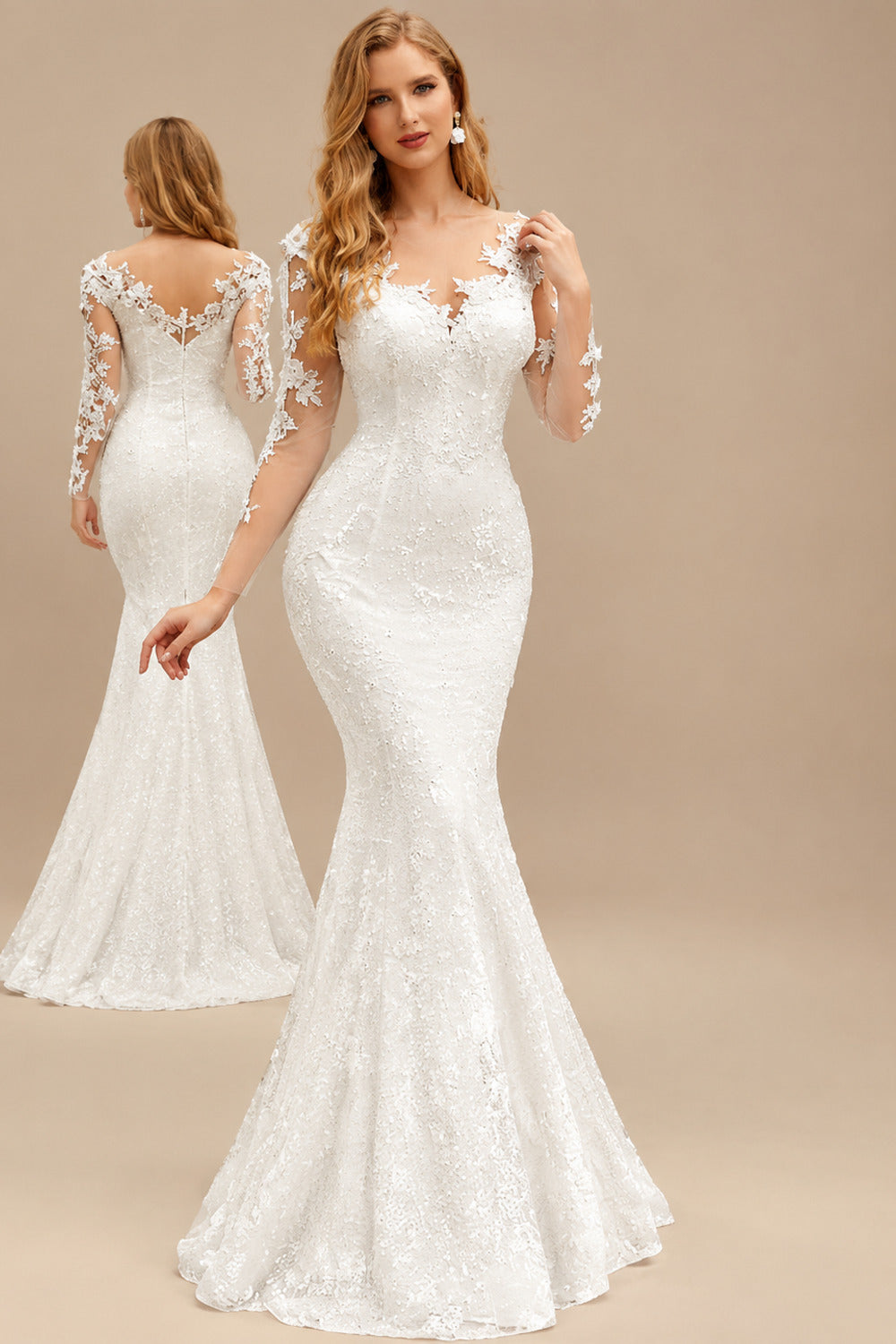 Rutipo Ivory Sparkle Bejeweled Trumpet Semi Sheer LIlusion Sleeves Evening Dresses With Lace