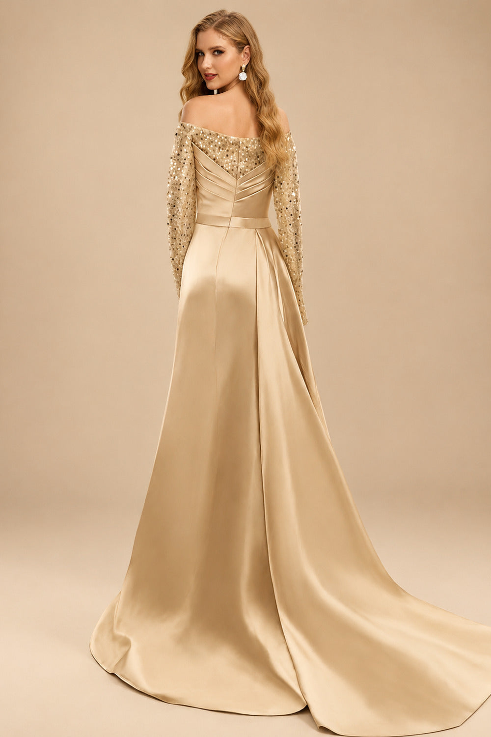 Rutipo Gold Sheath/Column Off-The-Shoulder Long Sleeves Satin Evening Dresses With High Split