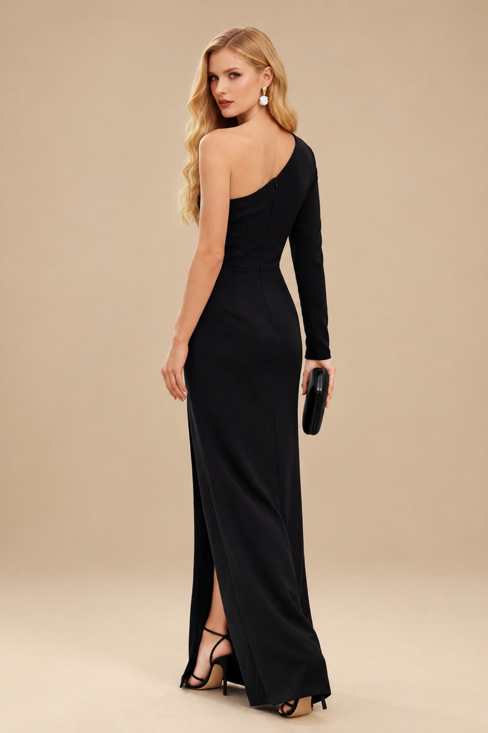 Rutipo Black Black One-Shoulder Long Sleeves Evening Dresses With High Split