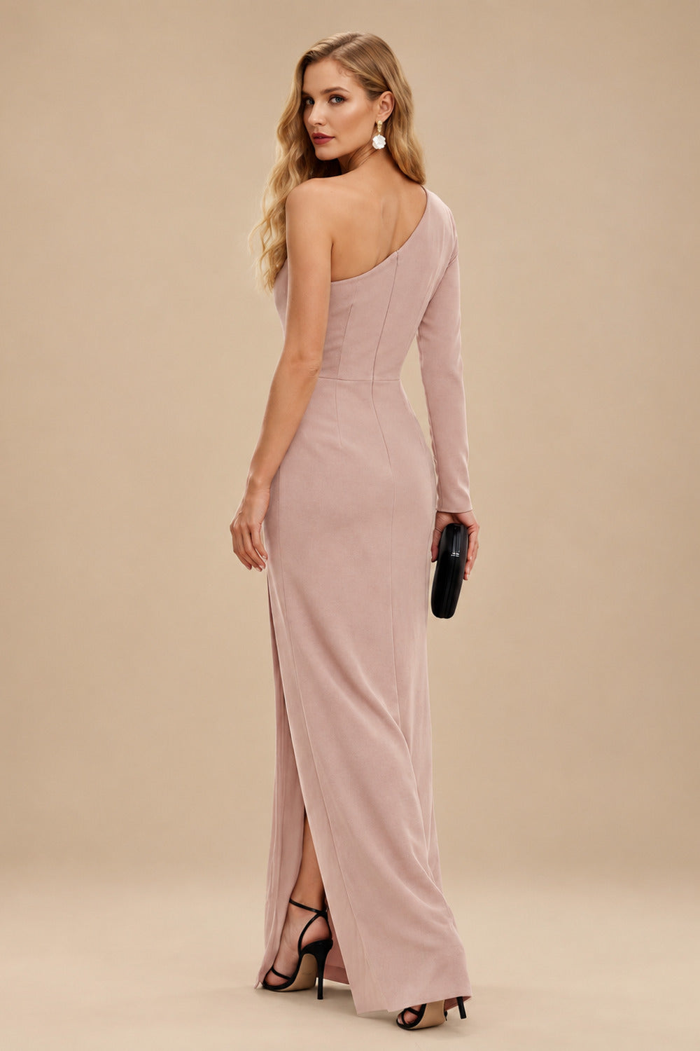 Rutipo Dusty Rose Black One-Shoulder Long Sleeves Evening Dresses With High Split