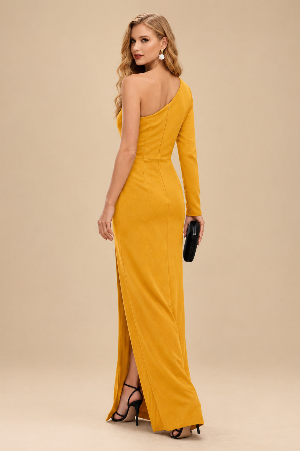 Rutipo Orange Black One-Shoulder Long Sleeves Evening Dresses With High Split