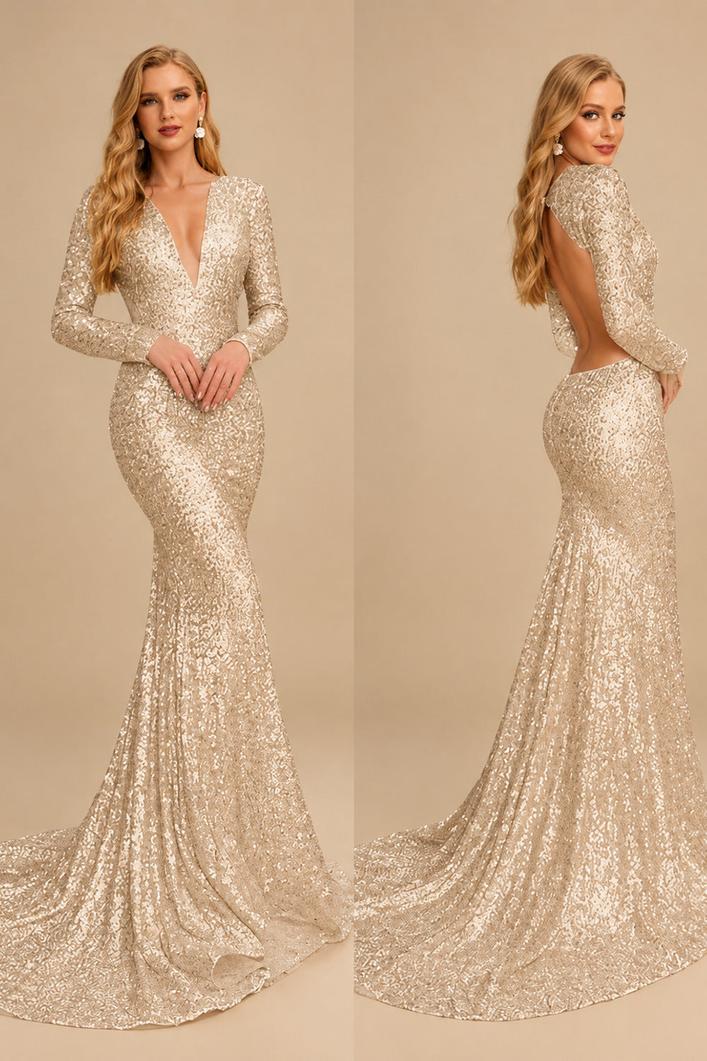 Rutipo Champagne Trumpet/Mermaid V-Neck Long Sleeves Sequined Evening Dresses With Back Hole