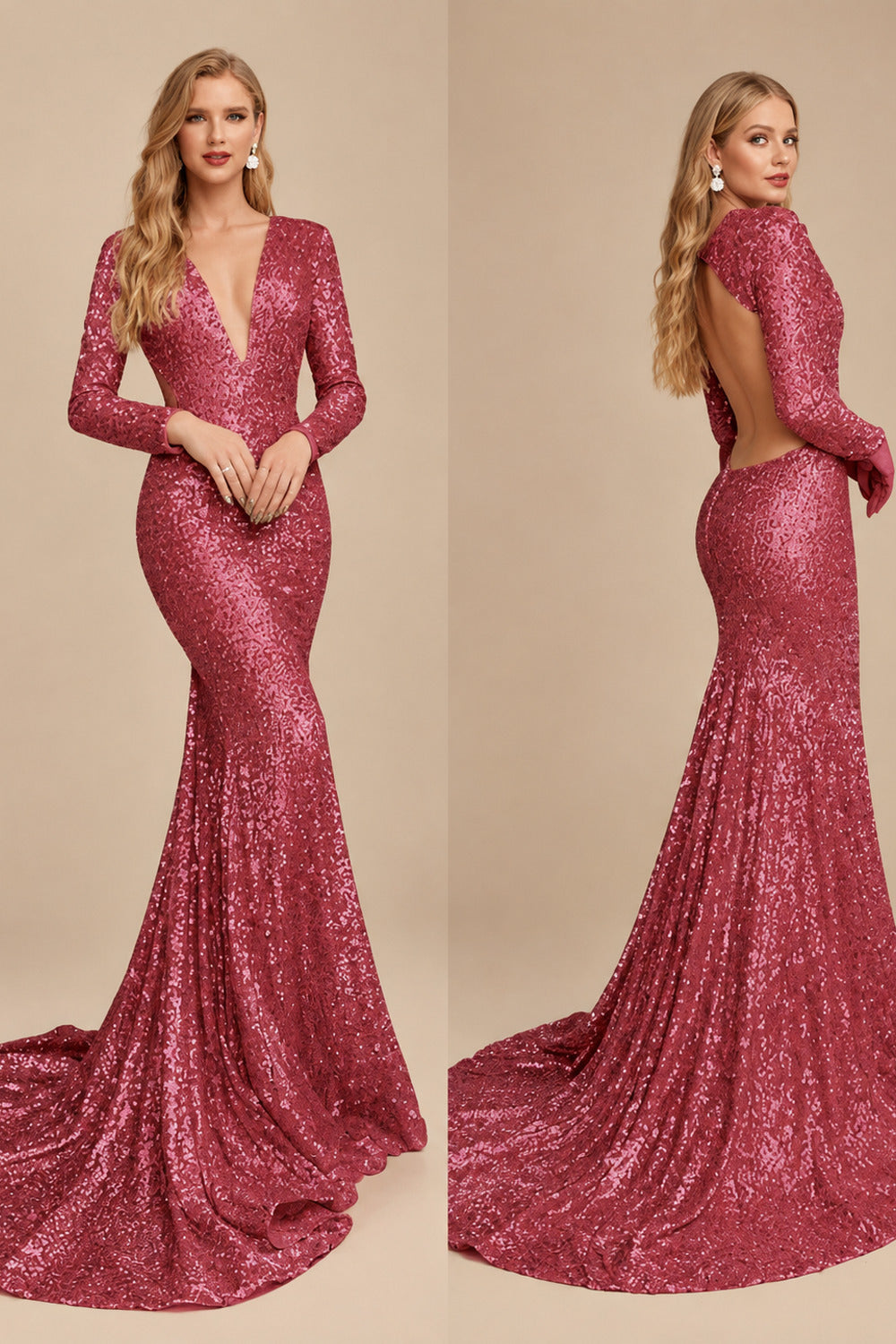Rutipo Cinnamon Rose Trumpet/Mermaid V-Neck Long Sleeves Sequined Evening Dresses With Back Hole
