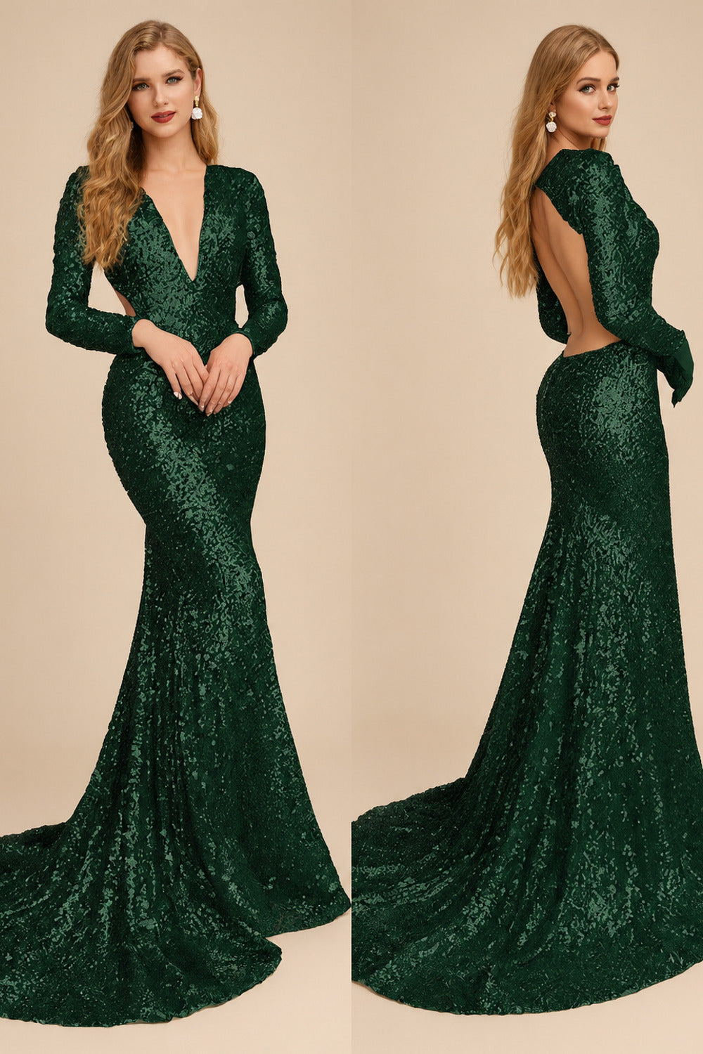 Rutipo Hunter Green Trumpet/Mermaid V-Neck Long Sleeves Sequined Evening Dresses With Back Hole