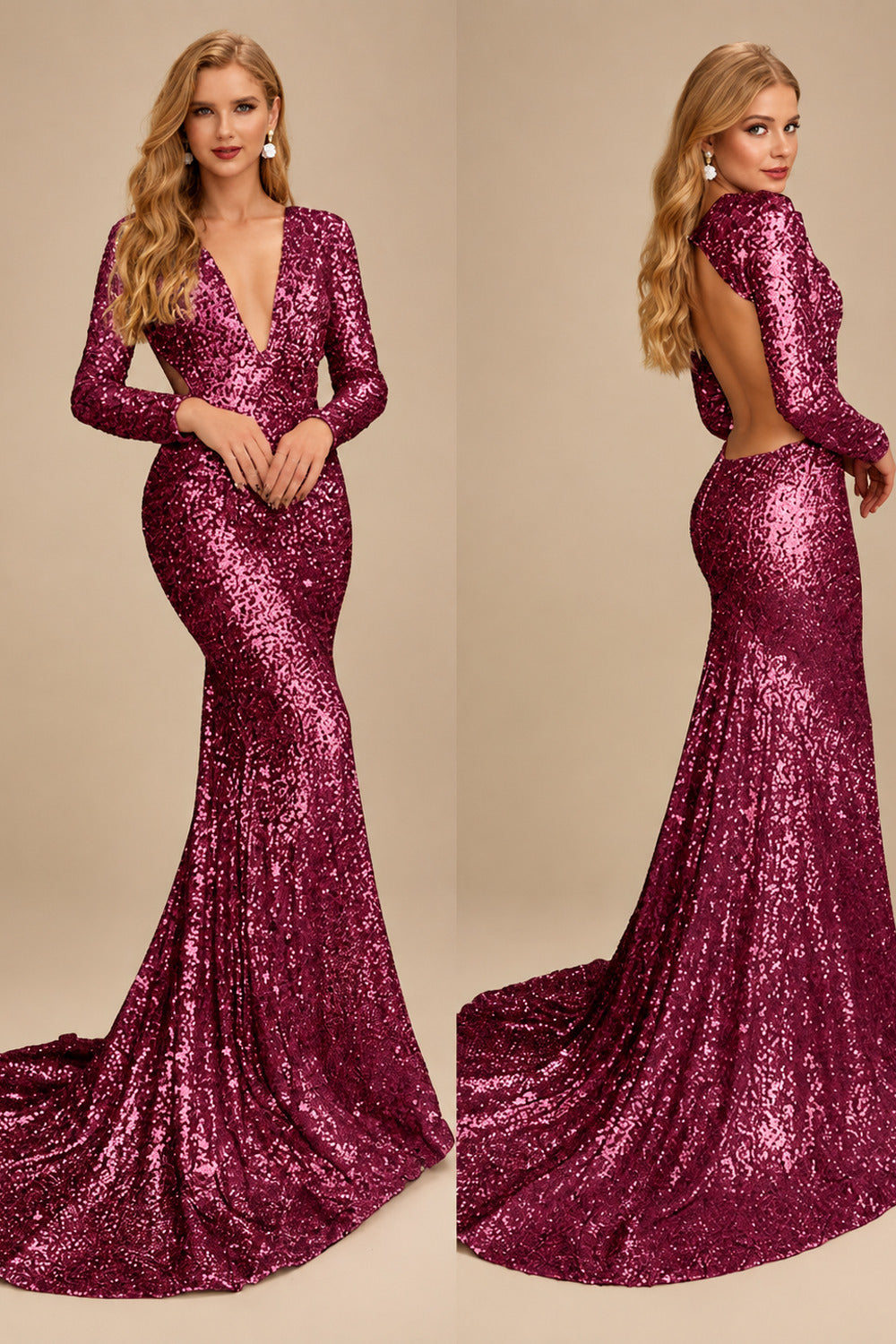 Rutipo Mulberry Trumpet/Mermaid V-Neck Long Sleeves Sequined Evening Dresses With Back Hole