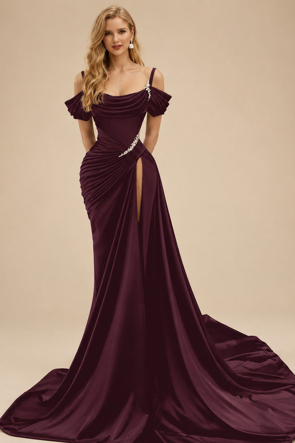 Rutipo Cabernet Cowl Neck Beading Charmeuse High Slit Evening Dresses