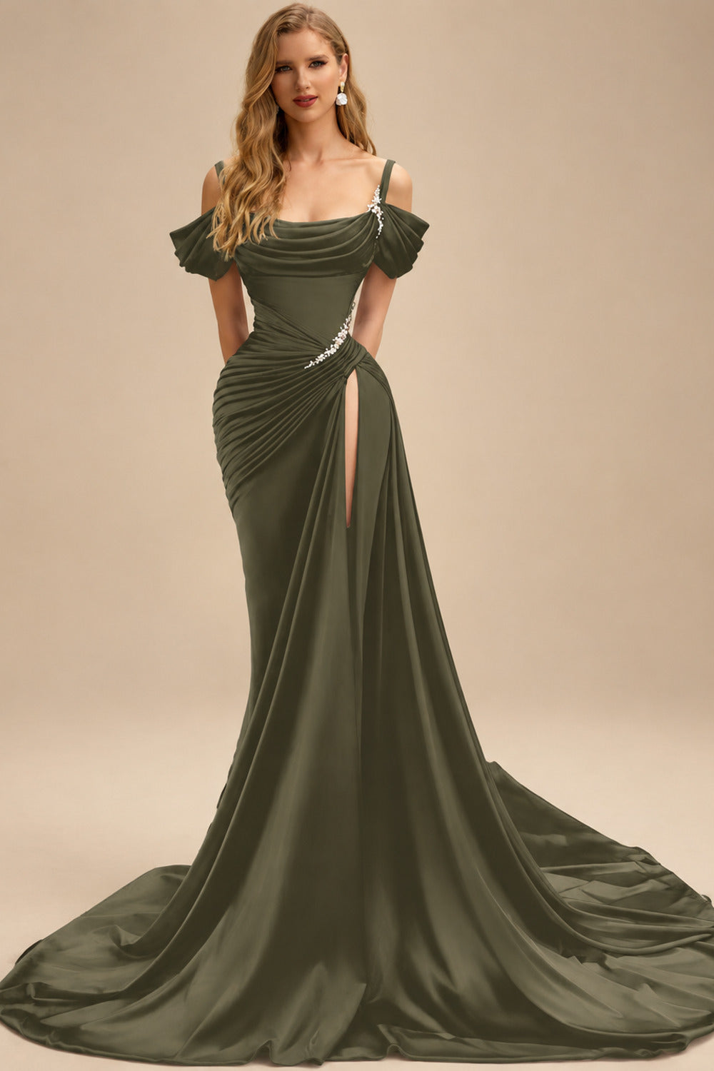Rutipo Olive Green Cowl Neck Beading Charmeuse High Slit Evening Dresses