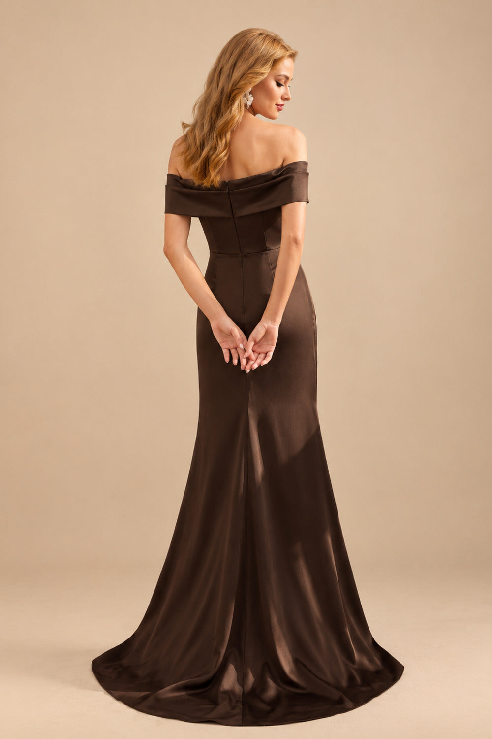 Rutipo Chocolate Seductive Bow Accented Waist Evening Dresses With Off-Shoulder Collar Draping