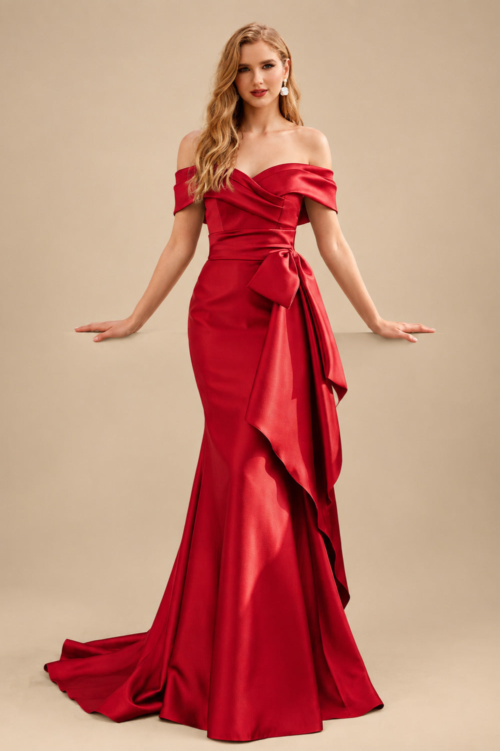 Rutipo Red Seductive Bow Accented Waist Evening Dresses With Off-Shoulder Collar Draping