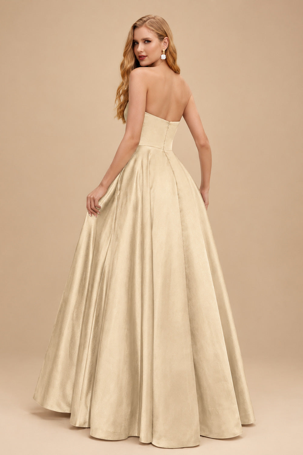 Rutipo Champagne Strapless A-Line Satin Slit Evening Dresses