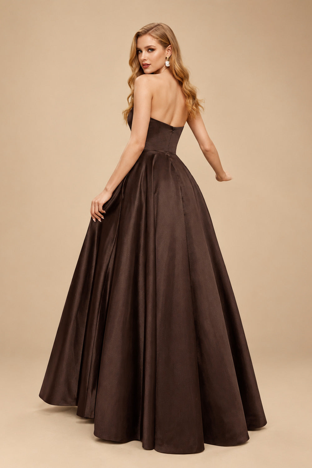 Rutipo Chocolate Strapless A-Line Satin Slit Evening Dresses