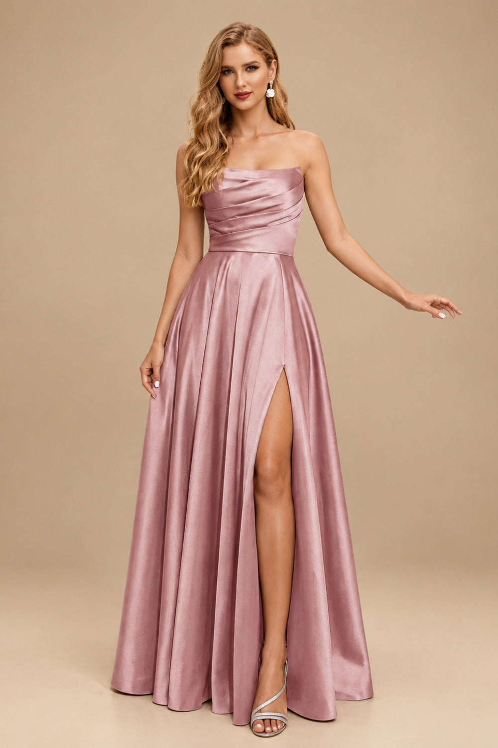 Rutipo Dusty Rose Strapless A-Line Satin Slit Evening Dresses