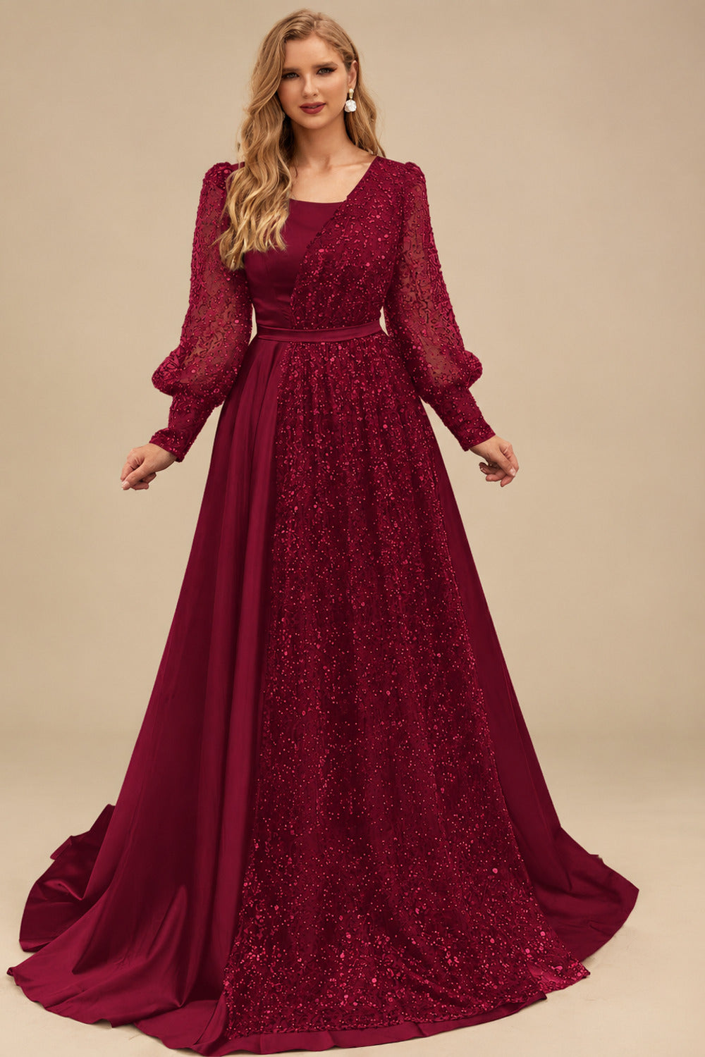 Rutipo Burgundy Square Neckline Long Sleeves Sequined A-Line Evening Dresses