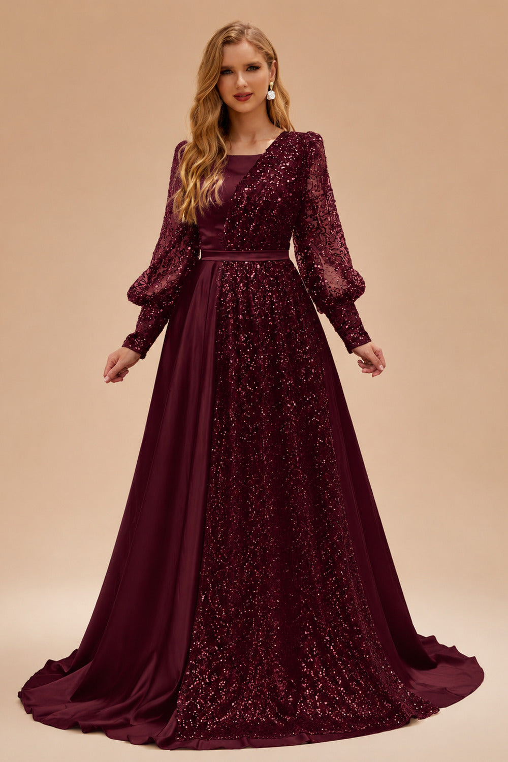 Rutipo Cabernet Square Neckline Long Sleeves Sequined A-Line Evening Dresses