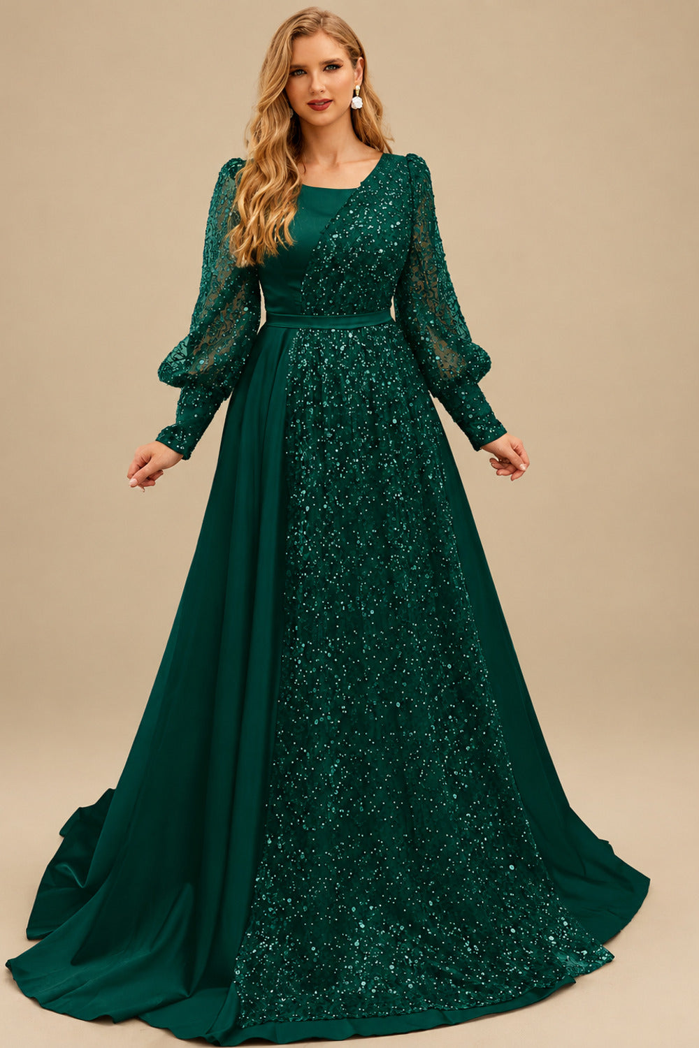 Rutipo Emerald Square Neckline Long Sleeves Sequined A-Line Evening Dresses