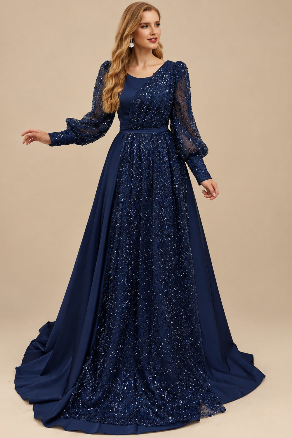 Rutipo Navy Blue Square Neckline Long Sleeves Sequined A-Line Evening Dresses