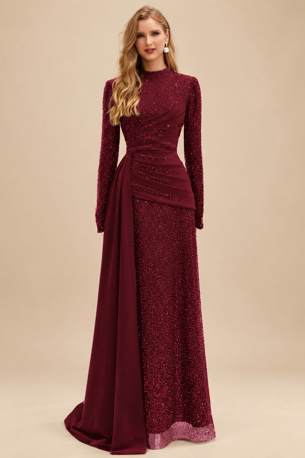 Rutipo Burgundy A-Line High Neck Long Sleeves Sweep Train Sequined Evening Dresses