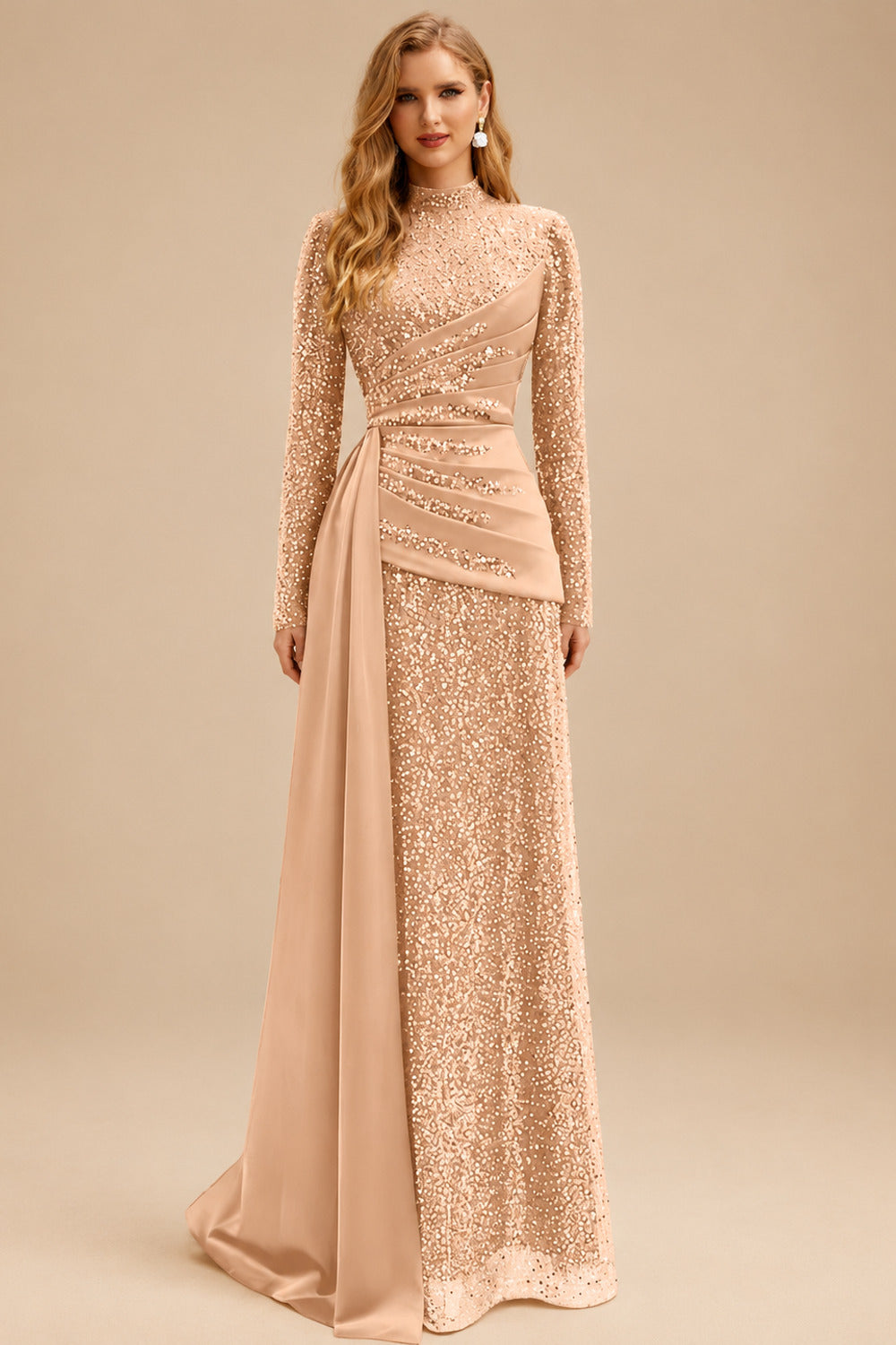 Rutipo Rose Gold A-Line High Neck Long Sleeves Sweep Train Sequined Evening Dresses