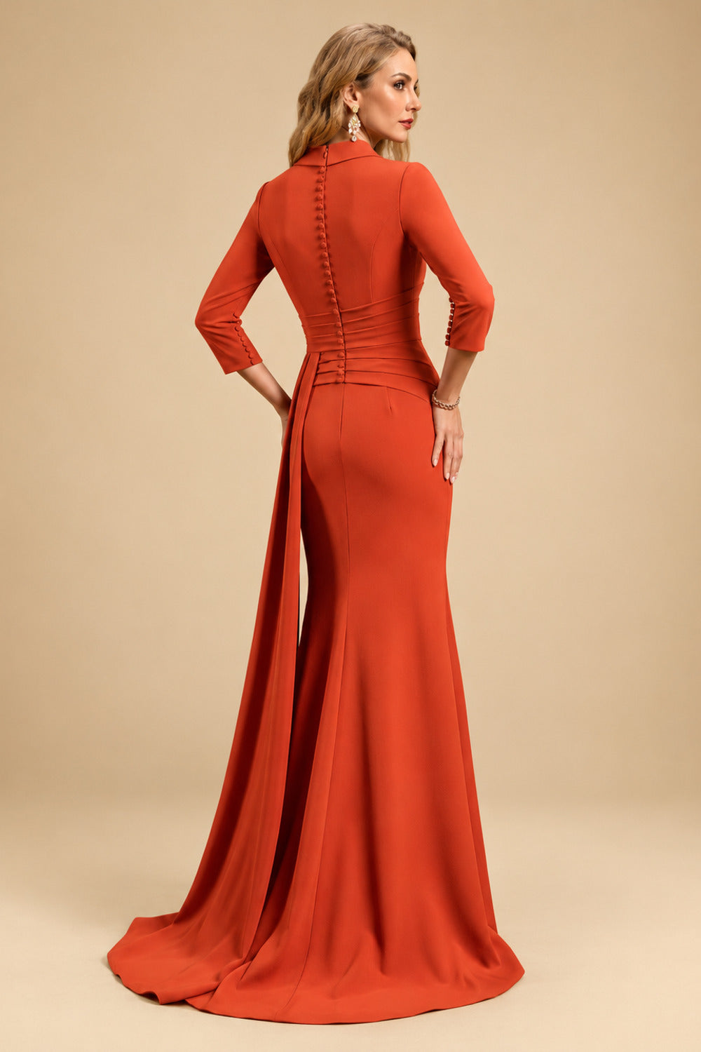 Rutipo Burnt Orange V-Neck Sleeves High Waist Elastic Satin Sheath/Column Evening Dresses