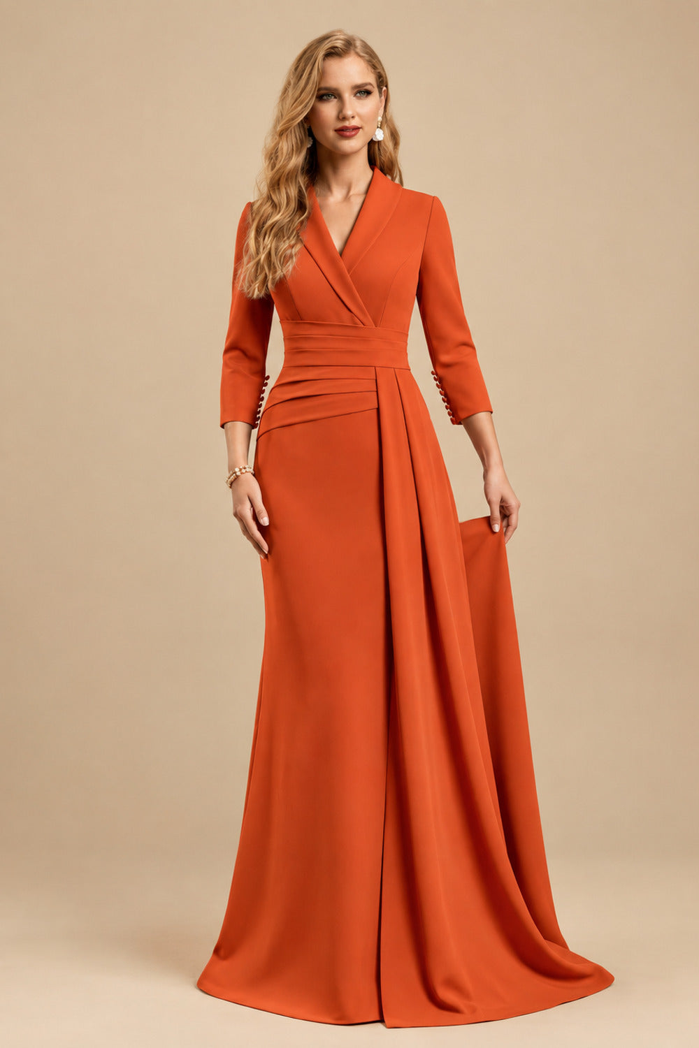 Rutipo Burnt Orange V-Neck Sleeves High Waist Elastic Satin Sheath/Column Evening Dresses