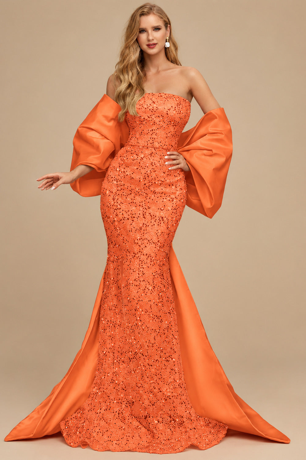 Rutipo Orange Trumpet/Mermaid Off-The-Shoulder Sequined Evening Dresses With Split Front