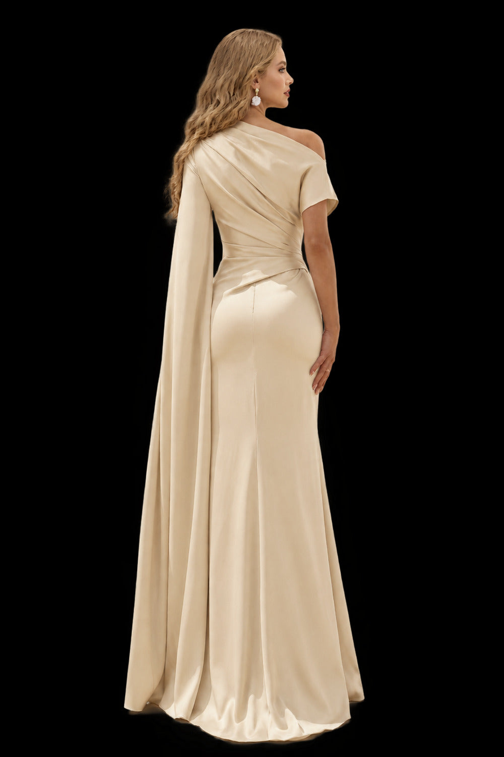 Rutipo Champagne Sheath/Column Asymmetrical Short Sleeves Crepe Satin Evening Dresses