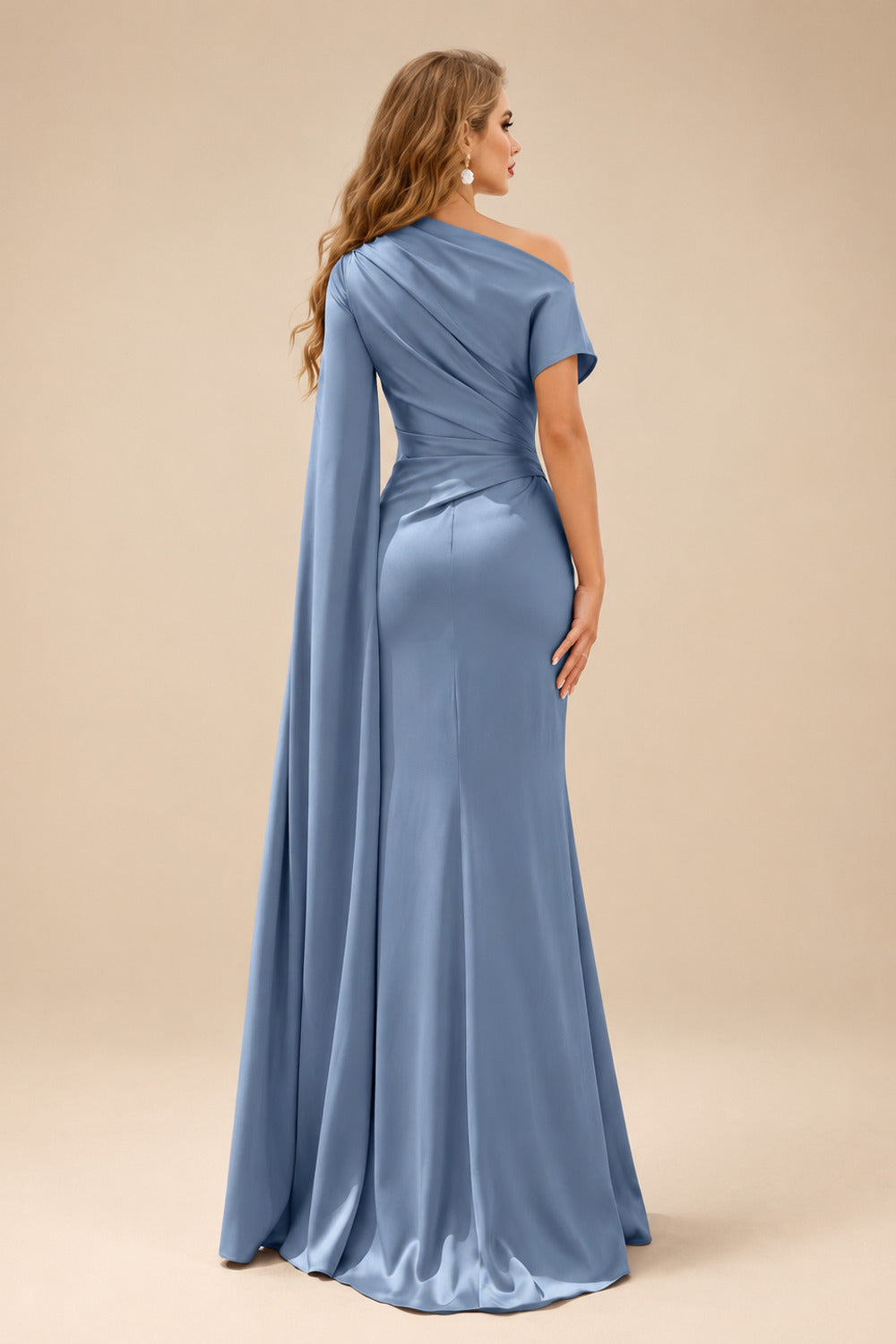 Rutipo Slate Blue Sheath/Column Asymmetrical Short Sleeves Crepe Satin Evening Dresses