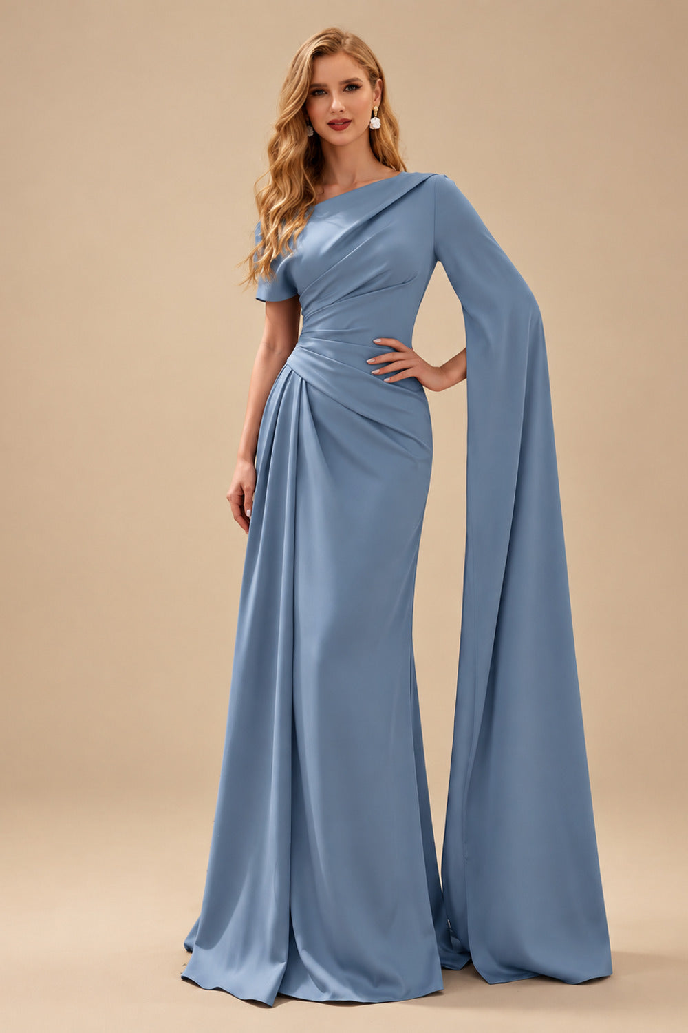Rutipo Slate Blue Sheath/Column Asymmetrical Short Sleeves Crepe Satin Evening Dresses