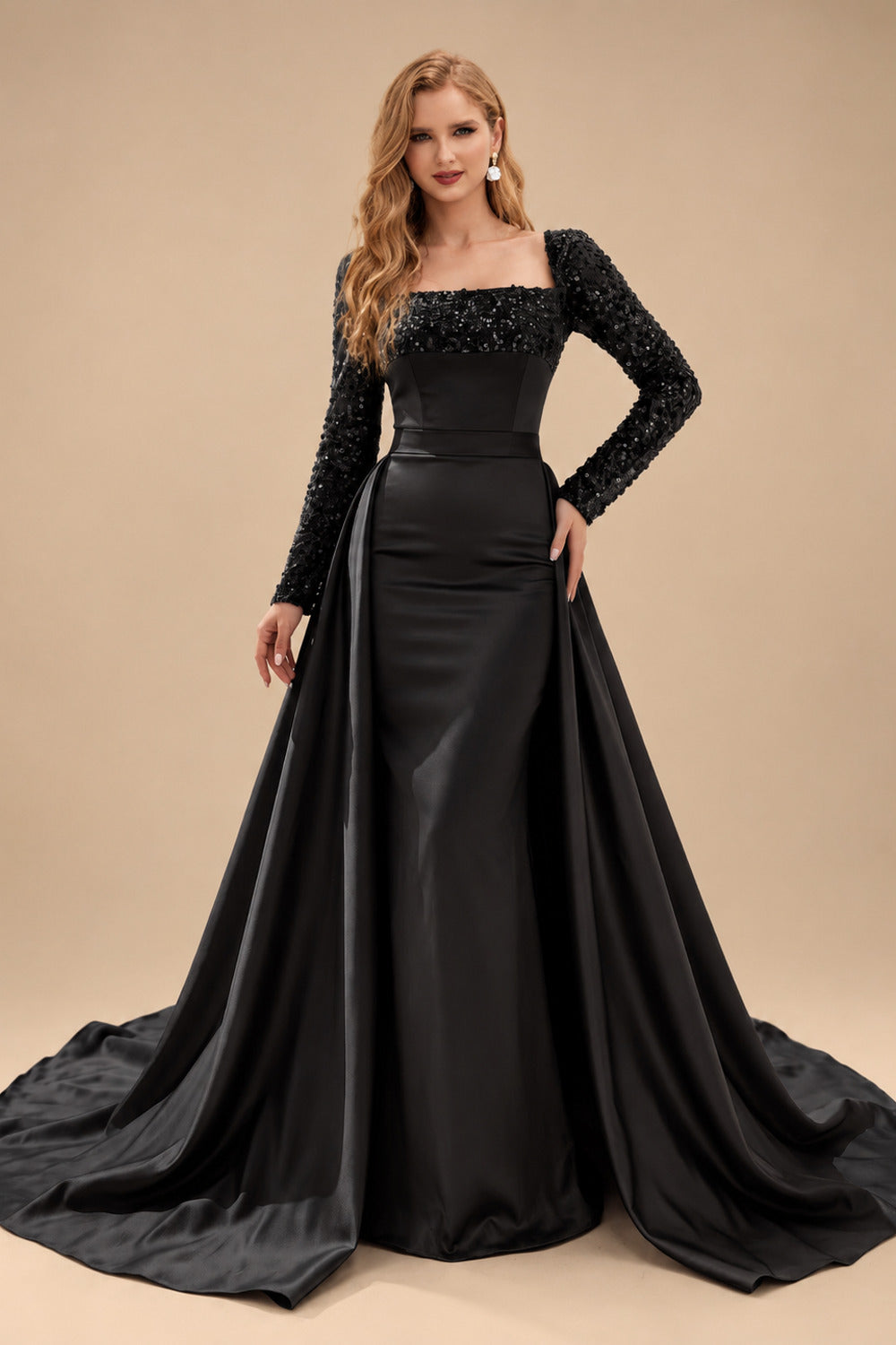 Rutipo Black Sheath/Column Square Neckline Long Sleeves Detachable Crepe Satin Evening Dresses With Sequins