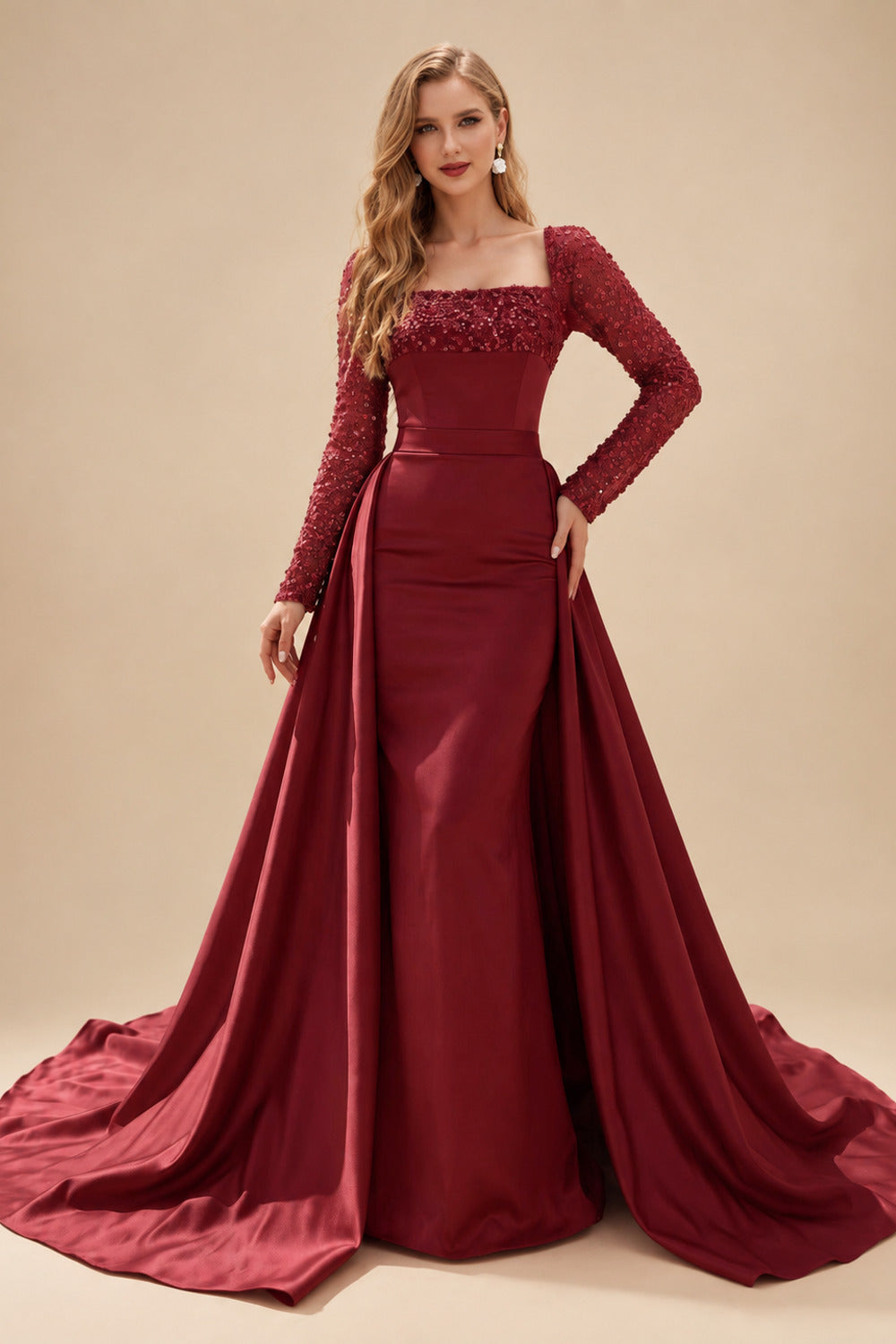 Rutipo Burgundy Sheath/Column Square Neckline Long Sleeves Detachable Crepe Satin Evening Dresses With Sequins