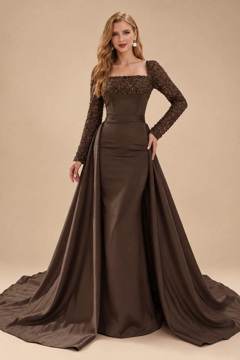 Rutipo Chocolate Sheath/Column Square Neckline Long Sleeves Detachable Crepe Satin Evening Dresses With Sequins