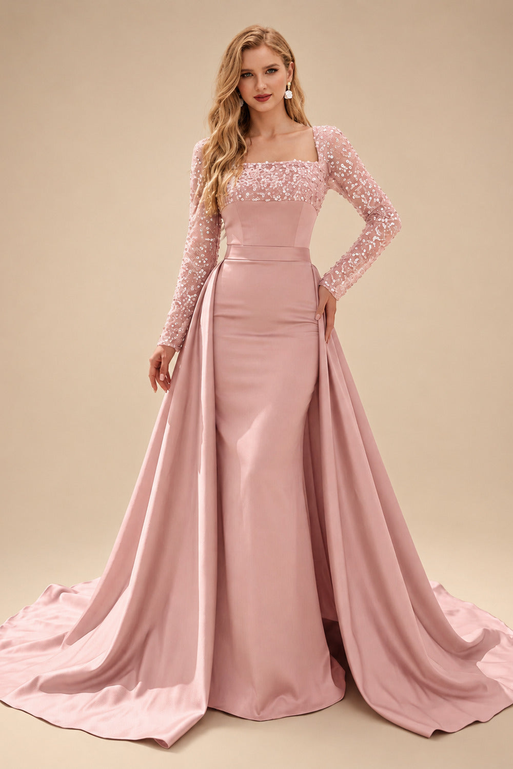 Rutipo Dusty Rose Sheath/Column Square Neckline Long Sleeves Detachable Crepe Satin Evening Dresses With Sequins