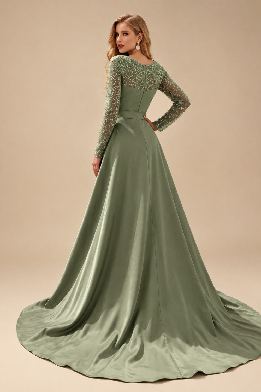 Rutipo Olive Green Sheath/Column Square Neckline Long Sleeves Detachable Crepe Satin Evening Dresses With Sequins