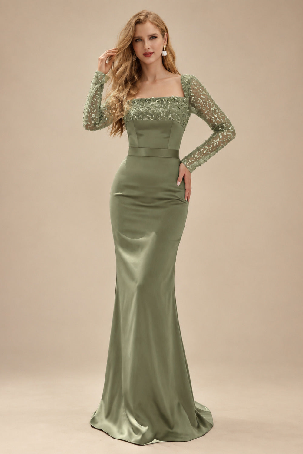 Rutipo Olive Green Sheath/Column Square Neckline Long Sleeves Detachable Crepe Satin Evening Dresses With Sequins
