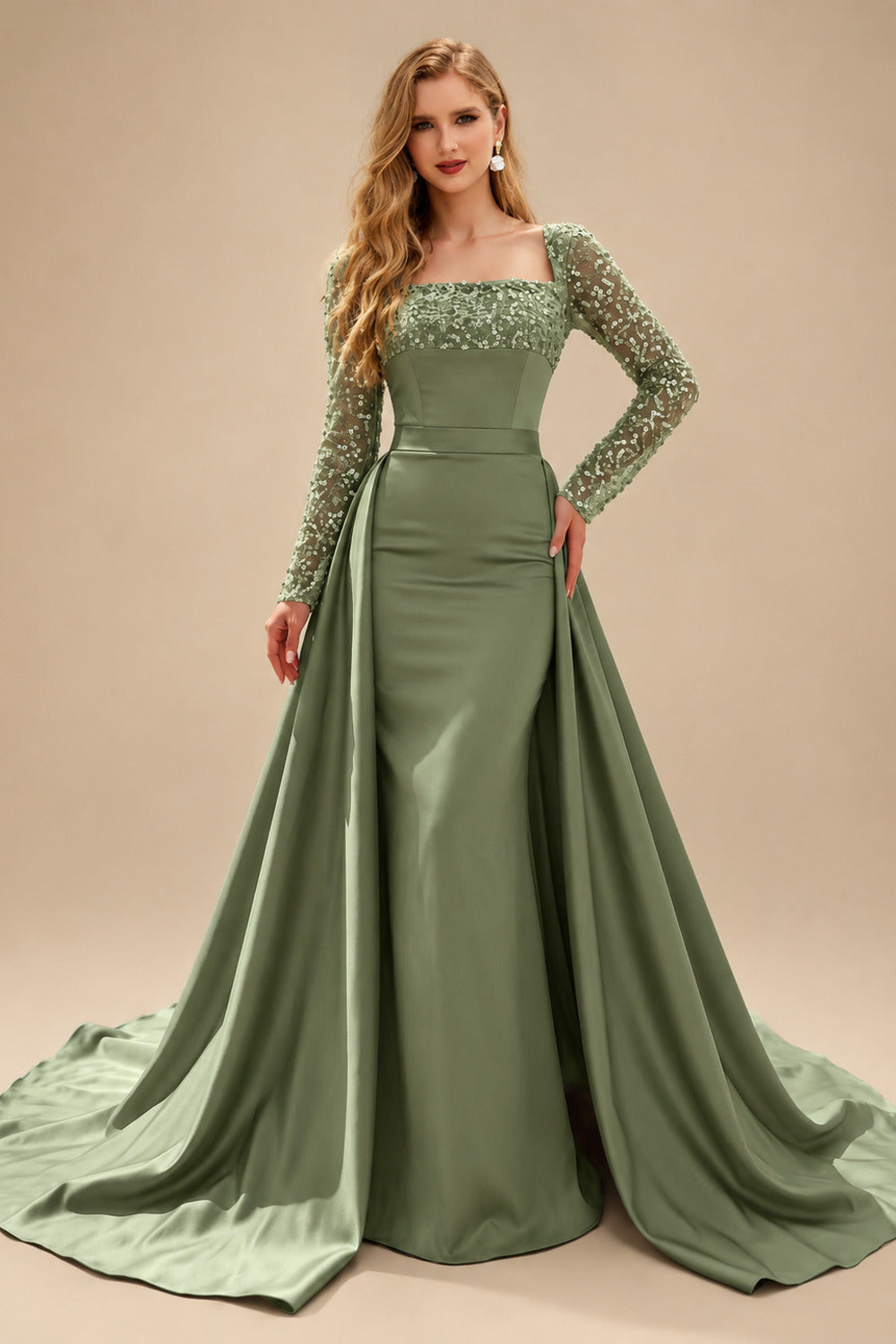 Rutipo Olive Green Sheath/Column Square Neckline Long Sleeves Detachable Crepe Satin Evening Dresses With Sequins