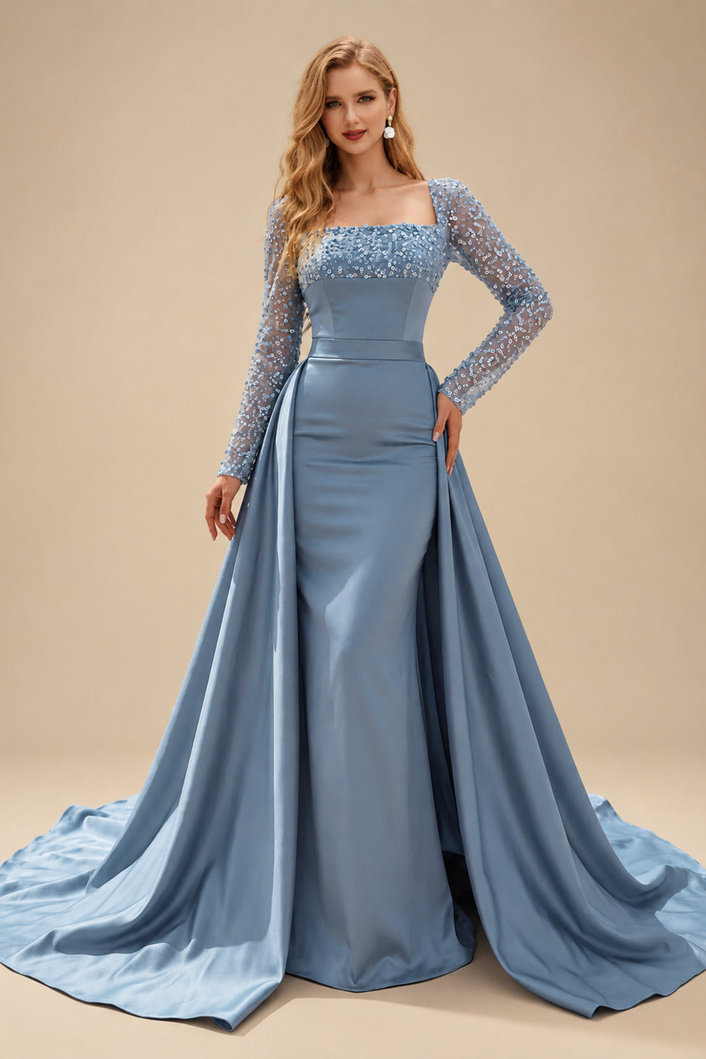 Rutipo Slate Blue Sheath/Column Square Neckline Long Sleeves Detachable Crepe Satin Evening Dresses With Sequins